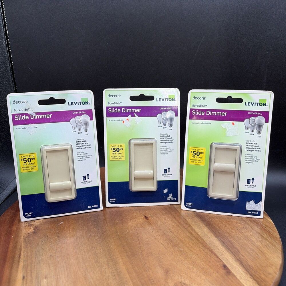 Lot Of 3 Leviton Decora Slide Dimmer Ivory SureSlide Single Pole LED/CFL Bulb